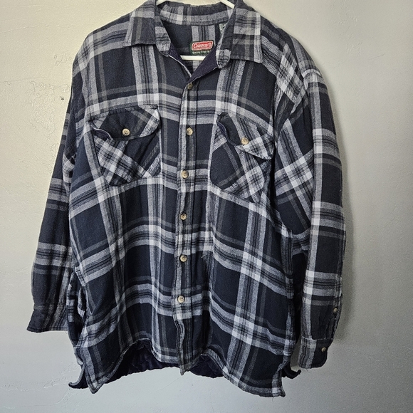 Coleman Outdoors Men's Large Blue Grey Plaid Flannel Button Up Jacket Vtg 90s - Picture 1 of 7
